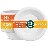 ECO SOUL Tazones de papel de bagazo blanco perla de 16 onzas [paquete de 400] (sin PFAS) | Biodegradable 100% compostable | apto para microondas | Caja fuerte para frío y calor | Porciones pequeñas |