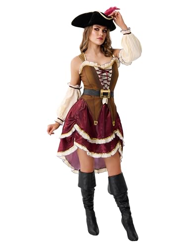 Spooktacular Creations Kostüme für Damen, Piratenkostüm für Erwachsene mit Hut, Kleid, Gürtel und Ärmeln für Halloween-Partys M