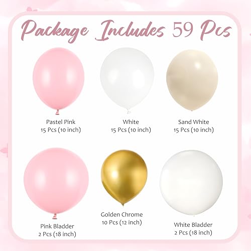 Image of Pink, White and Sand White Balloon Garland Arch Kit with Gold Chrome Balloons, 59 Pcs, for Birthday and Anniversary Decoration