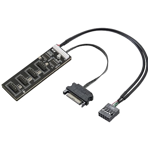 9Pin USB Header Splitter with SATA Power Cable, 9Pin USB Header Male 1 to 4 Female Extension Cable USB 2.0 Splitter Cable Connector for Motherboard, Adapter for CPU, WiFi Receiver, Fans, and RGB Light