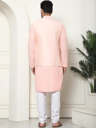 Image of SOJANYA (Since 1958 Men's Cotton Linen Maroon Kurta and White Pyjama with Mustard Cotton Nehru Jacket