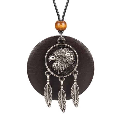 Popeoiuh Leather Necklace for Women Men Silver Alloy Round Eagle Head Feather Wood Pendant Necklaces with Black Long Genuine Leather Rope Choker Jewelry