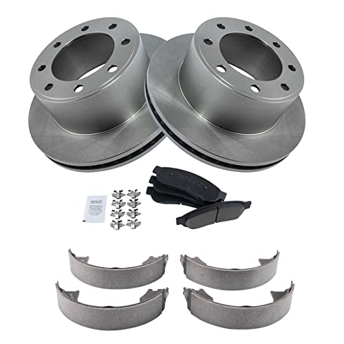 Image of TRQ Rear Brake Pad & Rotor Kit Parking Brake Shoe Set Ceramic Compatible with 2008-2010 Ford F-250 Super Duty 2005-2012 F-350 Super Duty