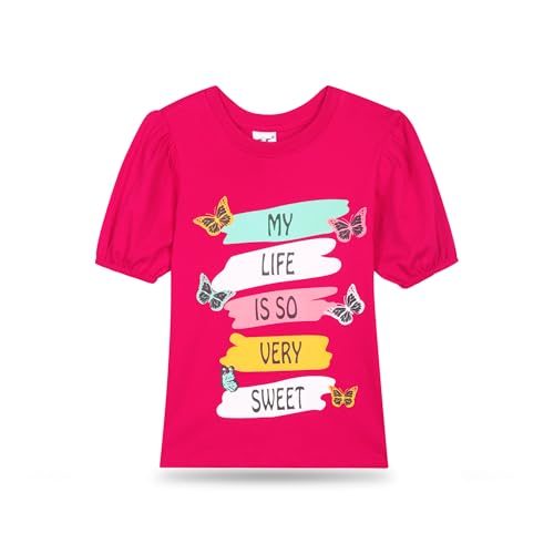 Image of T2F Girls Cotton Printed Regular Fit Puff Sleeve T-Shirt (Pack of 5)