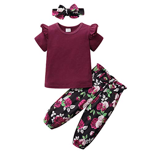 Toddler Baby Girl Clothes Ruffle Short Sleeve Baby Girls Clothing Top Long Floral Pants with Headband Summer Baby Girl Outfit 3PCS Maroon 2T-3T Girl Clothes
