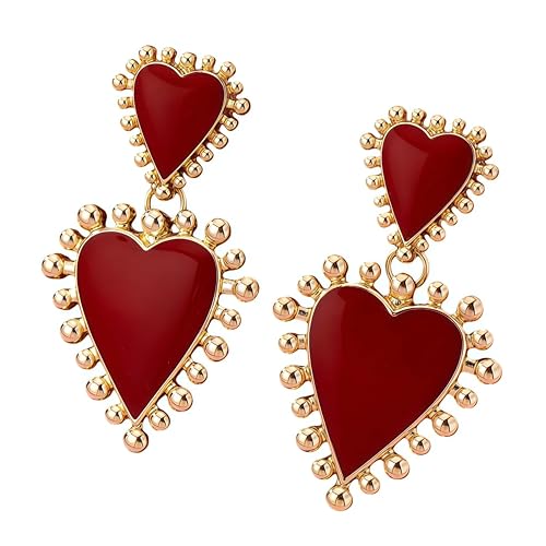Metal Alloy Red Enamel Heart Pendant Earrings Valentine Heart Earrings Queen Of Hearts Earrings For Women Beaded Heart Jewelry For Women Holiday Accessories