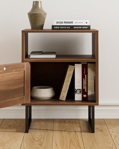 Image of Rattan Nightstand, Boho Night Stand Farmhouse Wood Bedside Table with Storage and Open Shelf, End Side Accent Table for Bedroom,Living Room,Walnut