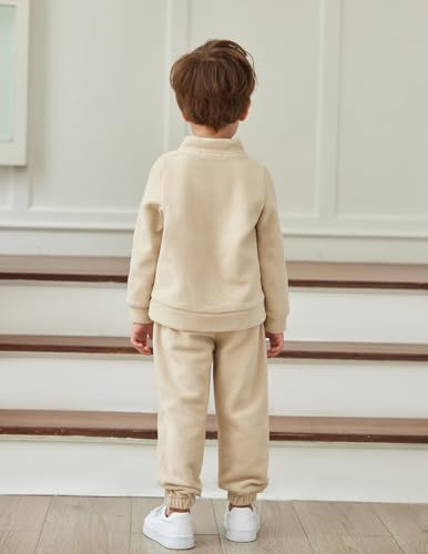 Image of Arshiner Toddler Boy 2 Pieces Fall Winter Clothes Set Letter Embroidery Half Zip Sweatshirt & Pants 3-4T Khaki