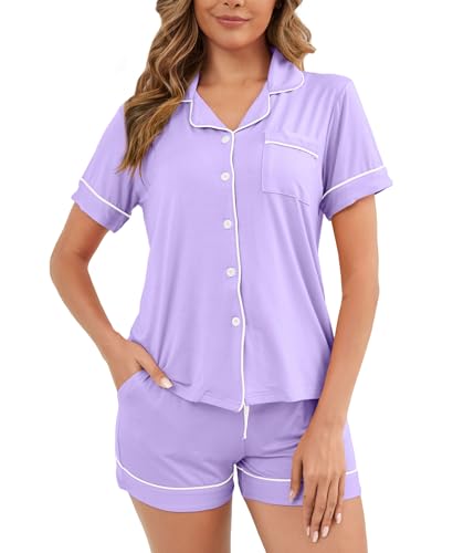 Image of Womens Pajamas Set Short Sleeve Sleepwear Button Down Pjs Shorts Set Soft Pjs Lounge Set With Pockets