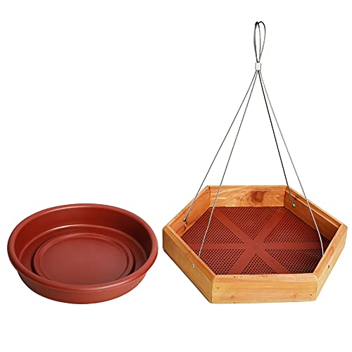 Solution4Patio Expert in Garden Creation #G-B123A00-US USA Hexagonal Cedar Hanging 2-in-1 Bird Bath/Feeder, Mesh Seed Platform, Removable Water Tray, Easy to Clean & Refill, Multi-Functional