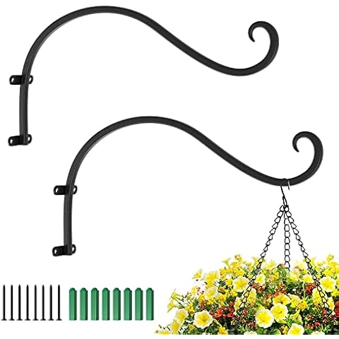 Lewondr Wall Hanging Plant Brackets, 2 Pack 12 Inch Retro Iron Metal Plant Hooks, Hanging Baskets Plant Hangers Outdoor Indoor, Shepards Hooks for Outdoor Hanging Plants Lantern Bird Feeder, Black Cover