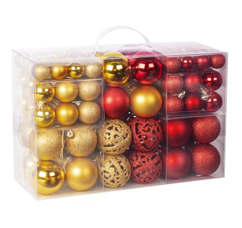 ilauke Lot de 100 boules de Noël incassables à suspendre pour sapin de Noël, mariage, fête, décoration d'intérieur, rouge et doré