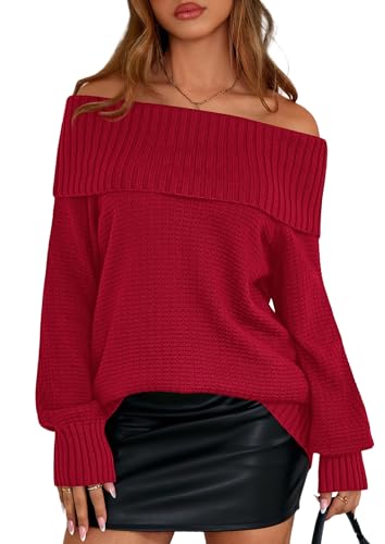 PRETTYGARDEN Womens Off The Shoulder Sweater Long Sleeve Tops Loose Knit Pullover Sweaters Fashion Fall Clothes 2025 (Red,Medium)
