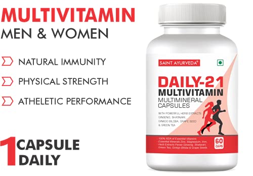 Saint Ayurveda Daily 21 Multivitamin for Men & Women with All 13 Vitamins, Minerals & 5 Powerful Herbs (60 Capsules) 2