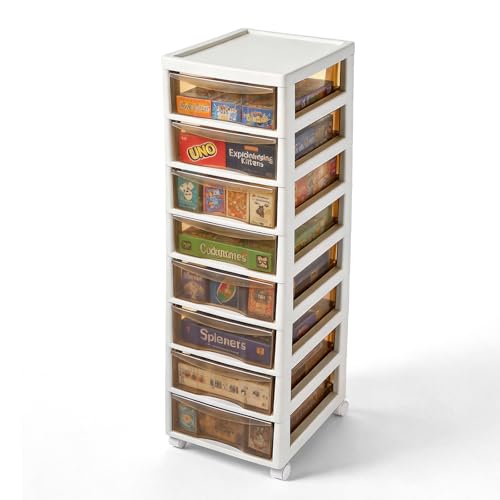 Board Game Storage Cabinet - Plastic Clear Storage Containers 8-Tier Large Capacity with Individual Pull-Out Drawers Lockable Wheels Casters Ideal for Card Game Boxes and Standard-Size Board Games