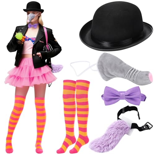 Jamntower 5 Pcs Halloween Pink Furry Elephant Costume Accessory Include Elephant Nose Bowler Hat Cat Tail Socks Polka Dots Bowtie Take to Moon for Adults Costumes