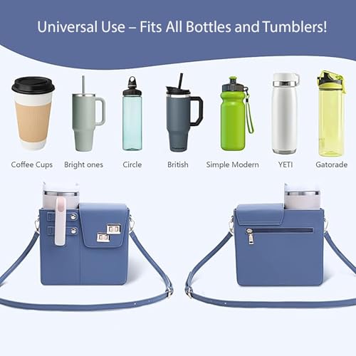 Image of House of Quirk Outdoor Portable Crossbody Tumbler Holder Bag with Purse Compartment - Travel Water Bottle Carrier for Hiking, Walking, Camping (Steel Blue)