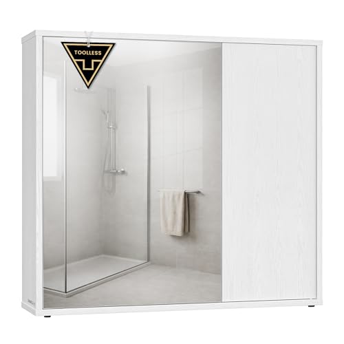 SONGMICS HOME Mobiletto da Bagno con Specchio, Montaggio Super Rapido senza Attrezzi, Pensile Bagno con Specchio, Ripiani Regolabili e Ante, Moderno, 15 x 60 x 55 cm, Bianco Neve BBC114WE01
