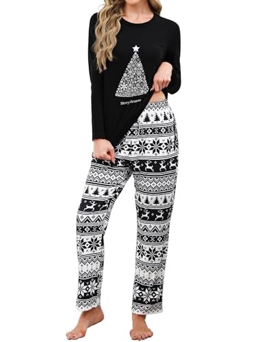 Reliwel Weihnachts Pyjama Baumwolle Schlafanzug Damen Lang Weihnachten Druck Pijama Langarm Matching Pyjamas Loungewear Freizeitanzug Weihnachten Schwarz, S