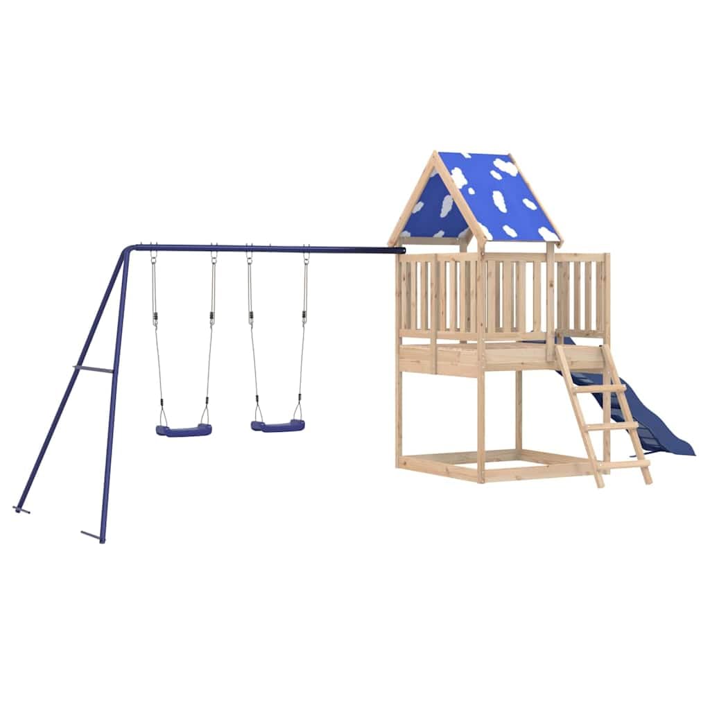 Torre da gioco in legno di pino massiccio con scivolo ondulato, due altalene, scala e sabbiera, piattaforma alta 90 cm, struttura a forma di A, ringhiera perimetrale e tetto a nuvola, per bambini