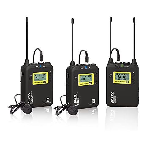 Wireless Lavalier Microphone System, LENSGO LWM-328C 99-Channel UHF Professional Omnidirectional Wireless Lapel Mic with 2 Transmitter & 1 Receiver for Camera Camcorder Recorder PC Smartphone Cover