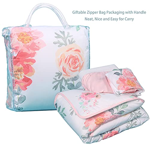 Image of La Premura Mini Crib Bedding Set for Girls, Watercolor Floral Baby Nursery Portable Crib Set, 3 Piece, Pastel Pink