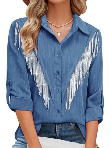 Image of MYMORE Womens Sparkly Fringe Shirt Western Cowgirl Country Concert Outfit