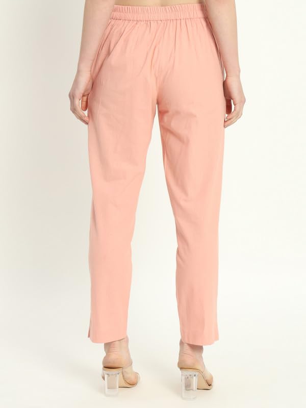 Image of Women's Solid Straight Fit 100% Cotton Trousers | High Waist, Side Pockets, Ankle Length Pants for Office, Casual
