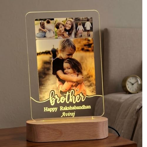 Image of Personalized Rakshabandhan Table Lamp for Brother - Custom Photo LED Night Light with Name - Multicolor Acrylic Lamp Gift for Brother from Sister - Rakhi Decorative Keepsake
