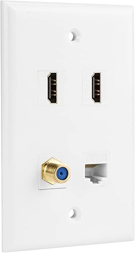 Placa de pared HDMI coaxial Ethernet, 1 puerto Cat 6 RJ45, 1 puerto TV coaxial tipo F y 2 puertos HDMI Keystone placa de pared