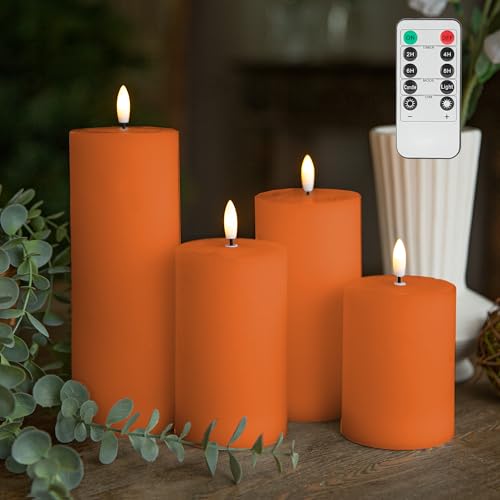 Image of LUSHARBOR Flameless Candles, 4 Pack Battery Operated Candles with Remote, Real Wax LED Fake Candles with Timer Flickering for Christmas Wedding Home Party D3 H 5 inch 6 inch 7 inch 9 inch Orange