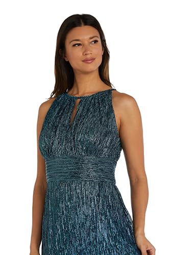Image of R&M Richards Women's Metallic Crinkle Halter Maxi Gown W /Keyhole, Slit & Shirred Waist