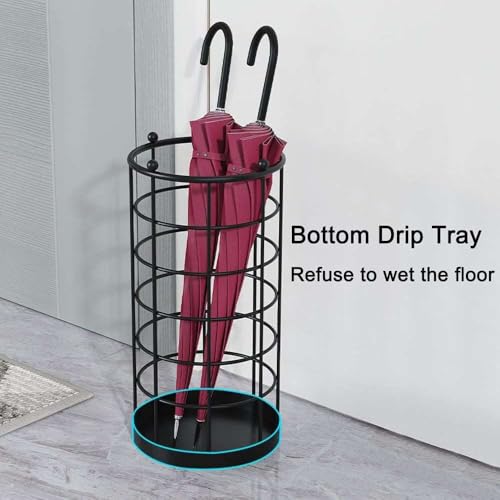 Image of Round Metal Umbrella Stand, Black, 25 x 50 CM | Bottom Drip Tray, Entryway Storage Holder