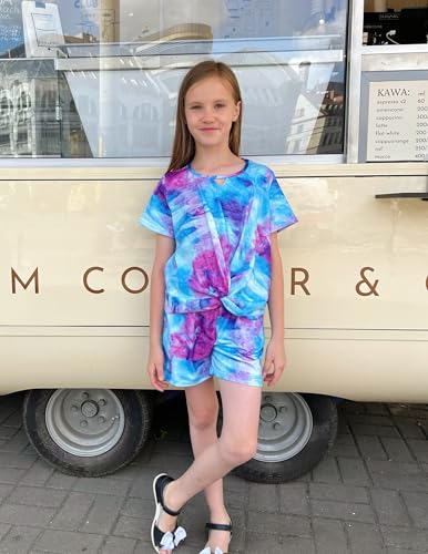 Image of Arshiner Girls Summer 2 Piece Outfits Tie Dye Short Sets Casual Twist Front Short Sleeve Tops and Pant with Pockets