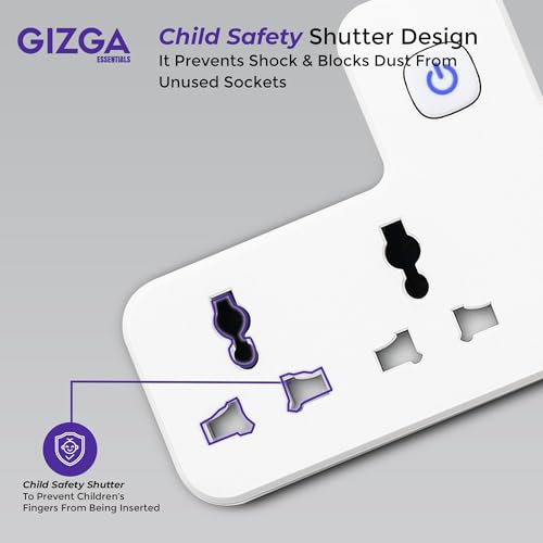 Image of Gizga essentials Power Extension Board: 3 Universal Sockets, 2 USB Ports & 1 Type-C, Surge Protector, Touch-Control Night Lamp, Child Safety, Flame-Retardant Housing, 10A Output, 250V