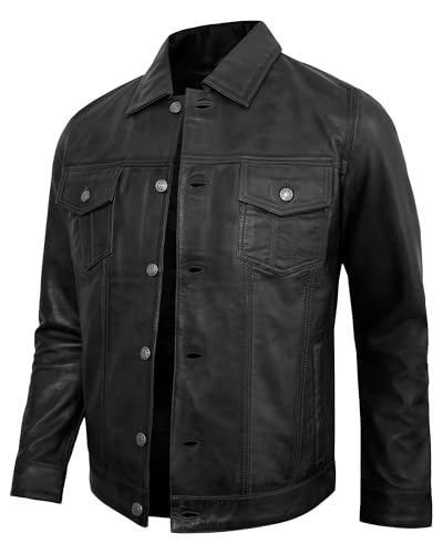 Vintage Leather Jacket Men - Real Lambskin Shirt Collar Trucker Style Mens Leather Jackets