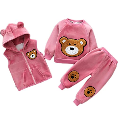 Image of Bold N Elegant Cotton Blend Cute Cartoon Bear Graphics Winter Warm Sweatshirt Hood Jacket And Jogger Pant 3 Pc Layering Clothing Set For Infant Toddler Kids