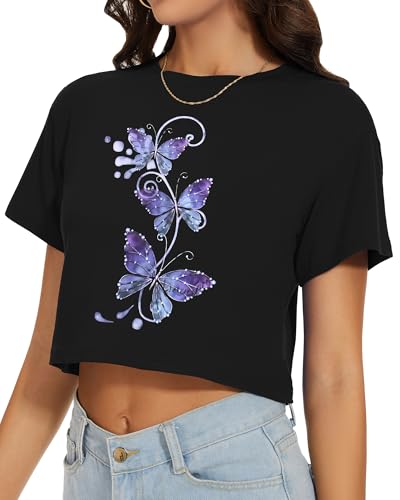 Image of Womens Summer Crop Tops Short Sleeve Round Neck T-Shirts Loose Fit Casual Blouse 2026