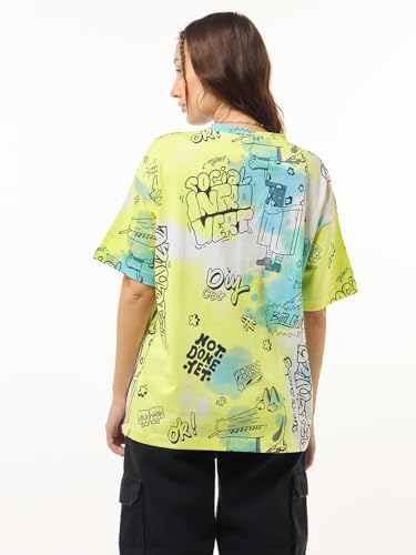 Image of Bewakoof Women's All Over Printed Oversized Fit Half Sleeve Round Neck Cotton Jersey T-Shirt