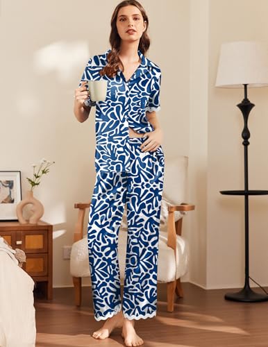 Image of Ekouaer Womens Silk Satin Pajamas Set Button Down 2 Piece Pjs Short Sleeve Long Pants Sleepwear Lounge Set, S-XXL
