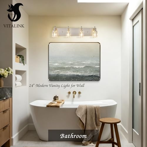 Image of VitaLink Modern Crystal Bathroom Vanity Light 24-Inch Vanity Light Over Bathroom Mirror 4-Light Wide Backplate Wall Light for Bathroom Living Room