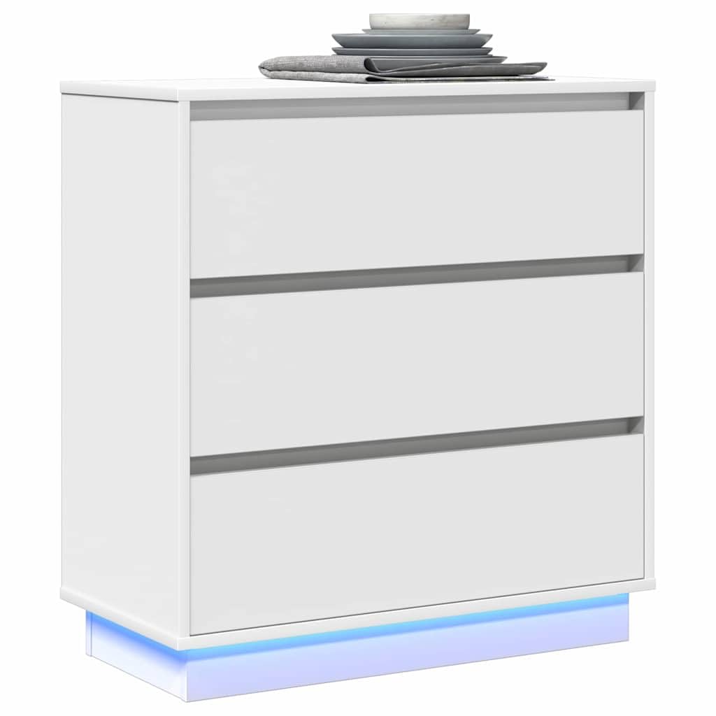 Nachttisch Weiß aus Holzwerkstoff 71 x 34,5 x 75 cm mit 3 Schubladen USB LED-Lichterkette modernes Design für Schlafzimmer, Wohnzimmer, Kinderzimmer Stauraum und Ablage
