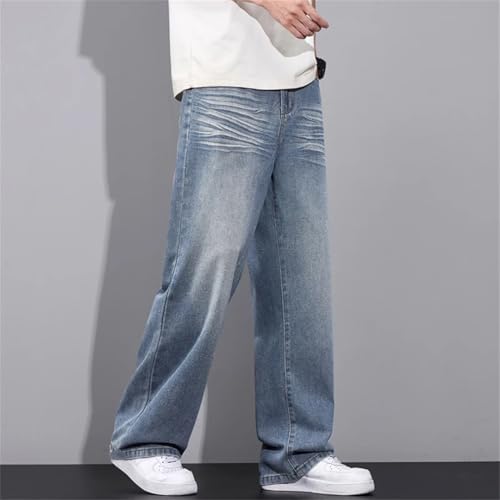 Men's Zippered Washed Jeans Cotton Mid-Rise Straight Loose Jeans2