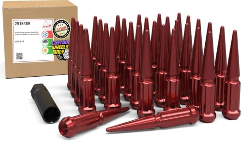 Image of Wheel Accessories Parts 32 Pcs + 1 Key M14x1.50 14x1.50 Thread Spike Spline 4.40 inch Long Lug Nuts Red Truck Spline Hex Fits Ford F250 /350 Super Duty Silverado Sierra 2500 3500 Ram 2500 3500