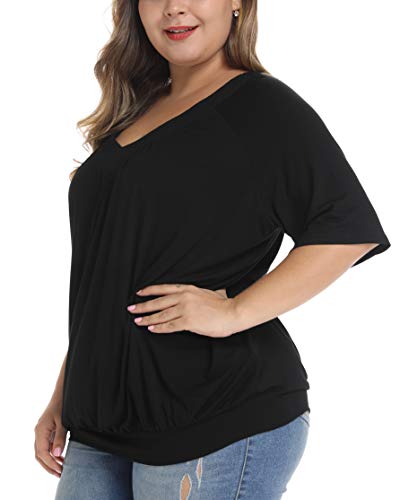 andy & natalie Women's Plus Size Tops Pleated V Neck Loose Baggy Blouse T Shirts4