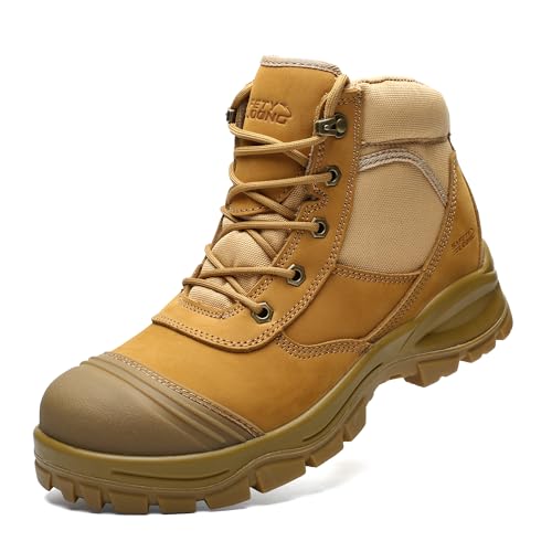 SAFETY LOONG 6 Inch Composite Toe Safety Work Boots with Side Zip for Men, TPU Toe Cap Protector, Anti-Impact, Anti-Puncture and Slip-Resistant Industrial Boots Wheat 12