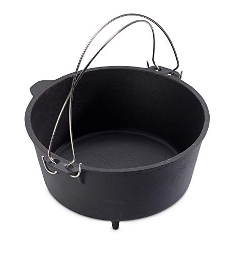 Echtwerk EW-GE-1225 Dutch Oven BBQ Kochtopf ca. 8 L, Bereits eingebrannt - preseasoned, Deckel mit Edelstahl Henkel als Pfanne nutzbar, Grilltopf für Indoor und Outdoor, Big-Edition, Gusseisen