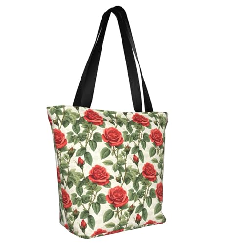 Nevjipu Bolsas de trabajo para mujer, ligeras, reutilizables, clásicas con estampado de rosas rojas, bolsas de compras para mujer, bolsa de hombro de viaje mediana con cremallera