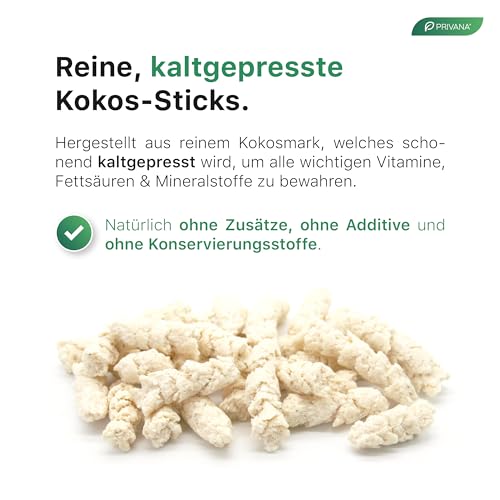 PRIVANA - Kokos-Sticks für Hunde (500g) - Hundesnack aus Kokospresskuchen, Natürliche Leckerlis aus 100% Kokosmark ohne künstliche Zusätze