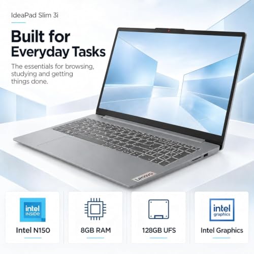 Image of Lenovo IdeaPad Slim 3i 15.6 inch FHD Laptop for Home & School, Intel 4-Core Processor, 8GB RAM, 128GB UFS, Numeric Keypad, HD Webcam with Privacy Shutter, Dolby Audio, USB-C, HDMI, Gray, Windows 11 Home